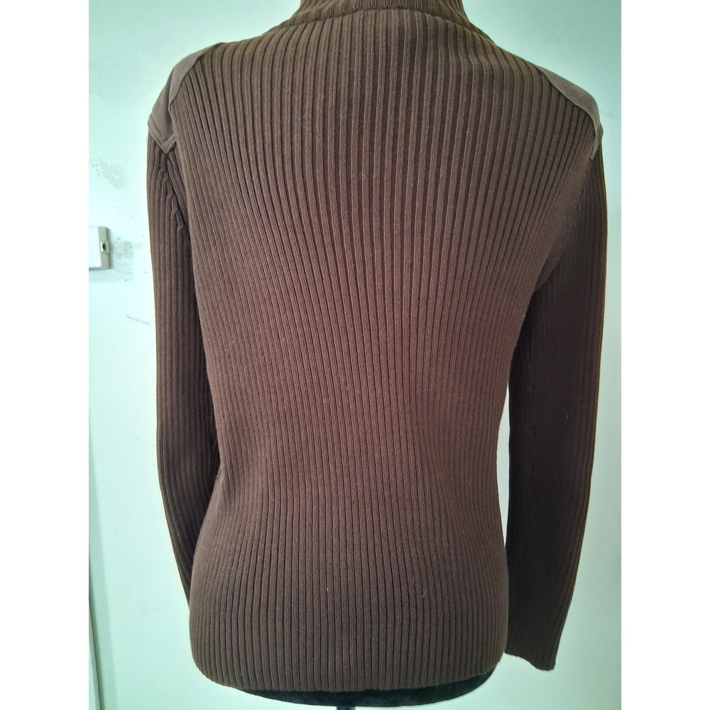 Ralph Lauren LRL Brown Plaid Full Zip Cardigan Suede Patch Sweater Womens Small - Picture 6 of 11